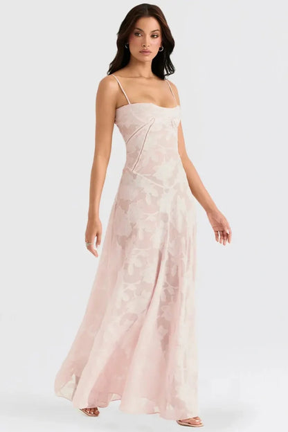 Ethereal | Vestido lamé rosa con corsetería floral