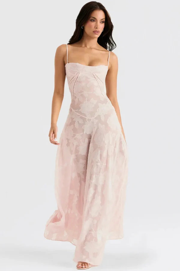Ethereal | Vestido lamé rosa con corsetería floral