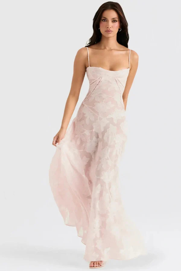 Ethereal | Vestido lamé rosa con corsetería floral