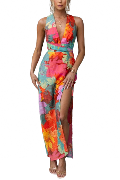 Lia | Vestido largo floral con escote en V y espalda lazada