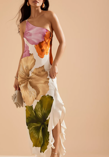 Vestido Aurora | Maxi Asimétrico Floral Satinado