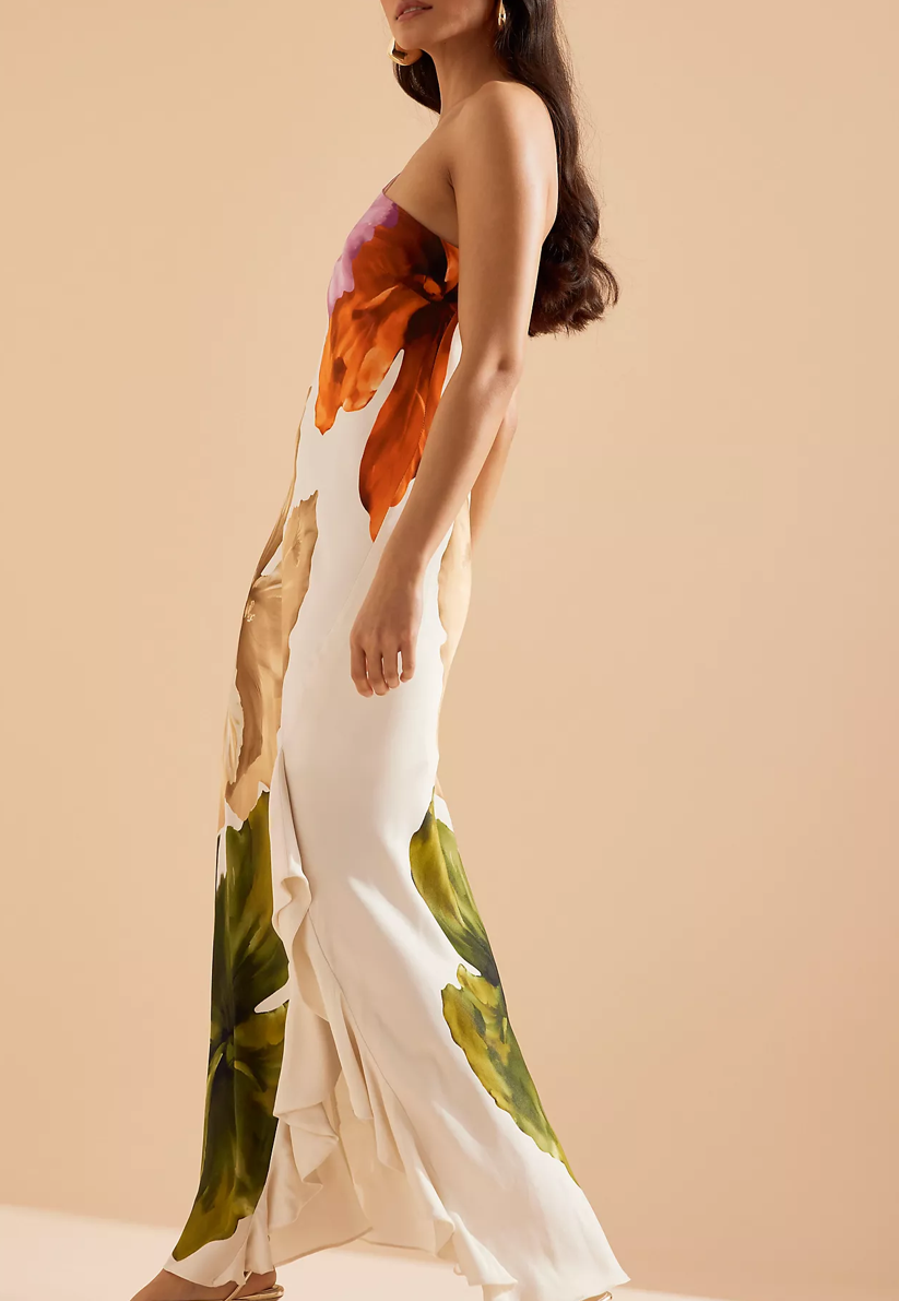 Vestido Aurora | Maxi Asimétrico Floral Satinado