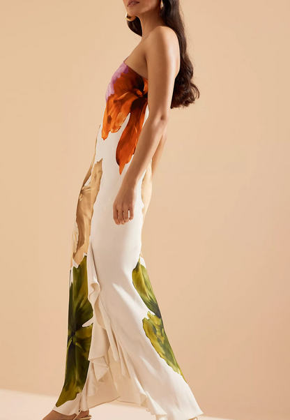 Vestido Aurora | Maxi Asimétrico Floral Satinado