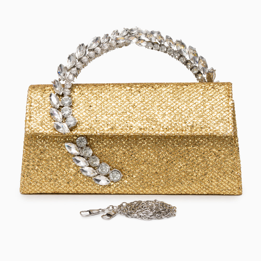 Bolso Estela | Clutch Plateado con Asa de Cristales