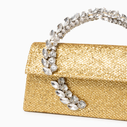 Bolso Estela | Clutch Plateado con Asa de Cristales