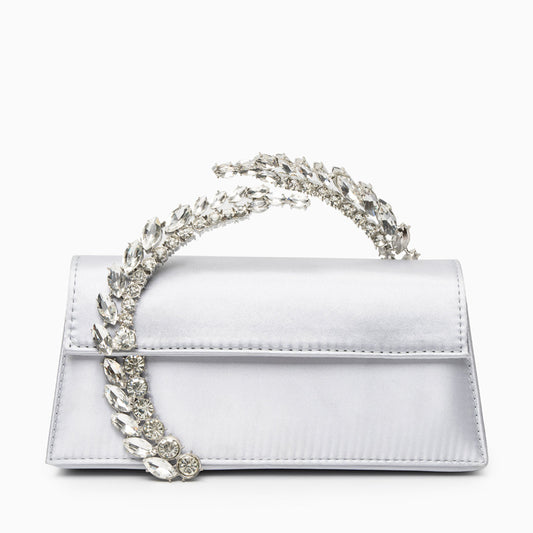 Bolso Estela | Clutch Plateado con Asa de Cristales