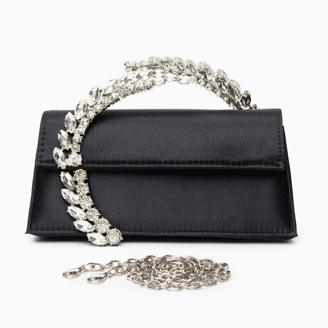 Bolso Estela | Clutch Plateado con Asa de Cristales
