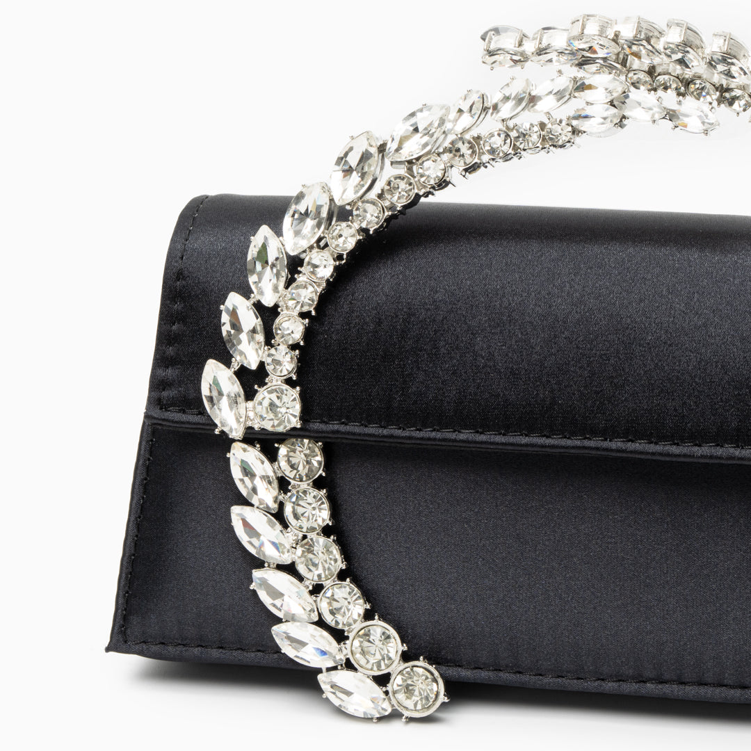 Bolso Estela | Clutch Plateado con Asa de Cristales