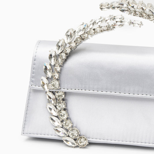 Bolso Estela | Clutch Plateado con Asa de Cristales