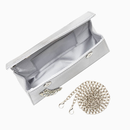 Bolso Estela | Clutch Plateado con Asa de Cristales