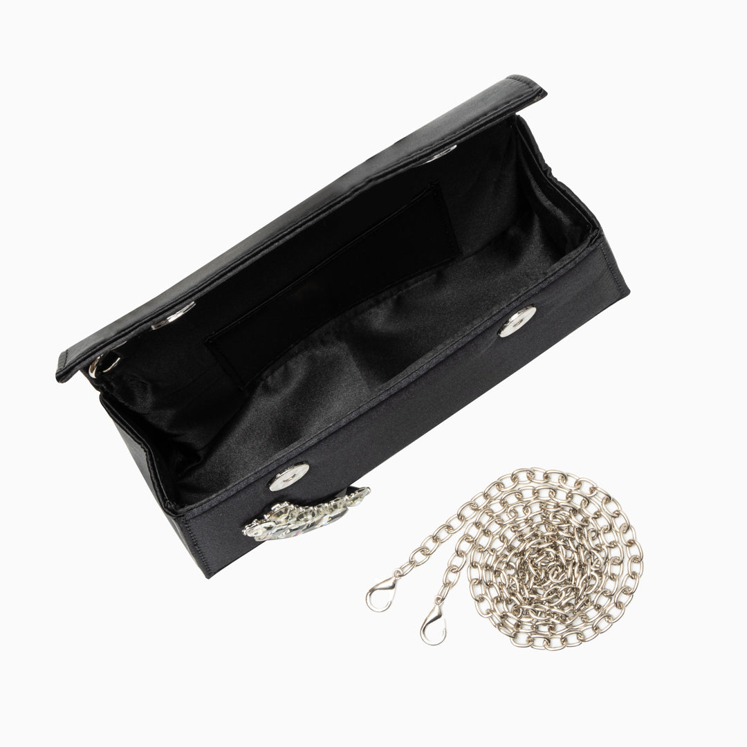 Bolso Estela | Clutch Plateado con Asa de Cristales