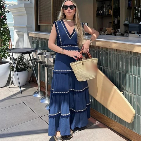 Vestido Largo Letizia | Elegancia en Azul Marino y Detalles Bordados