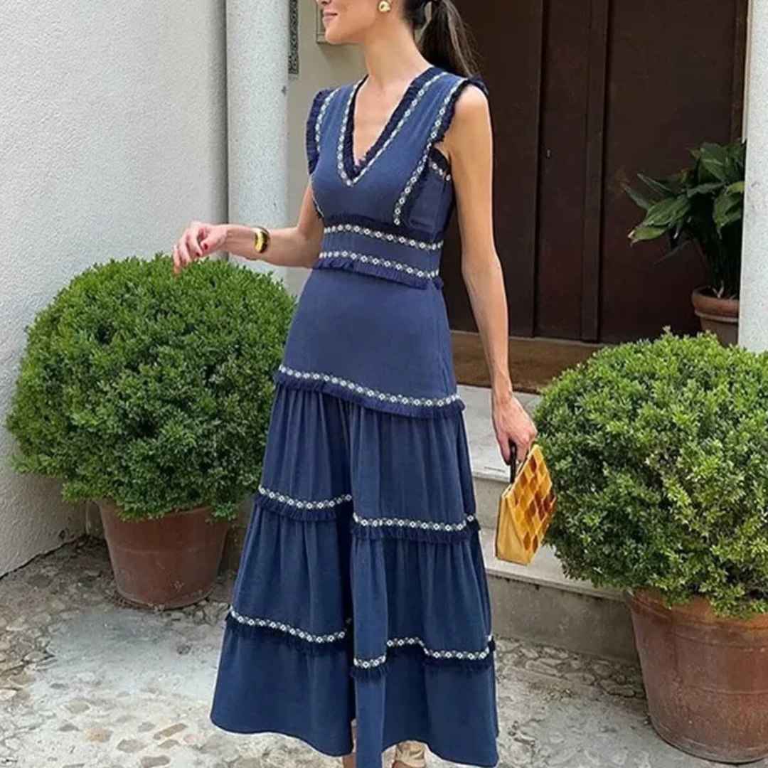 Vestido Largo Letizia | Elegancia en Azul Marino y Detalles Bordados