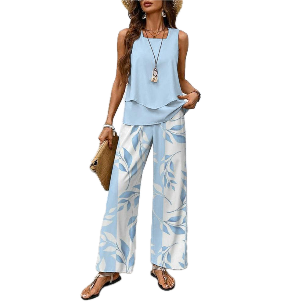 Colette - Conjunto azul de dos piezas con estampado floral y cuello cuadrado