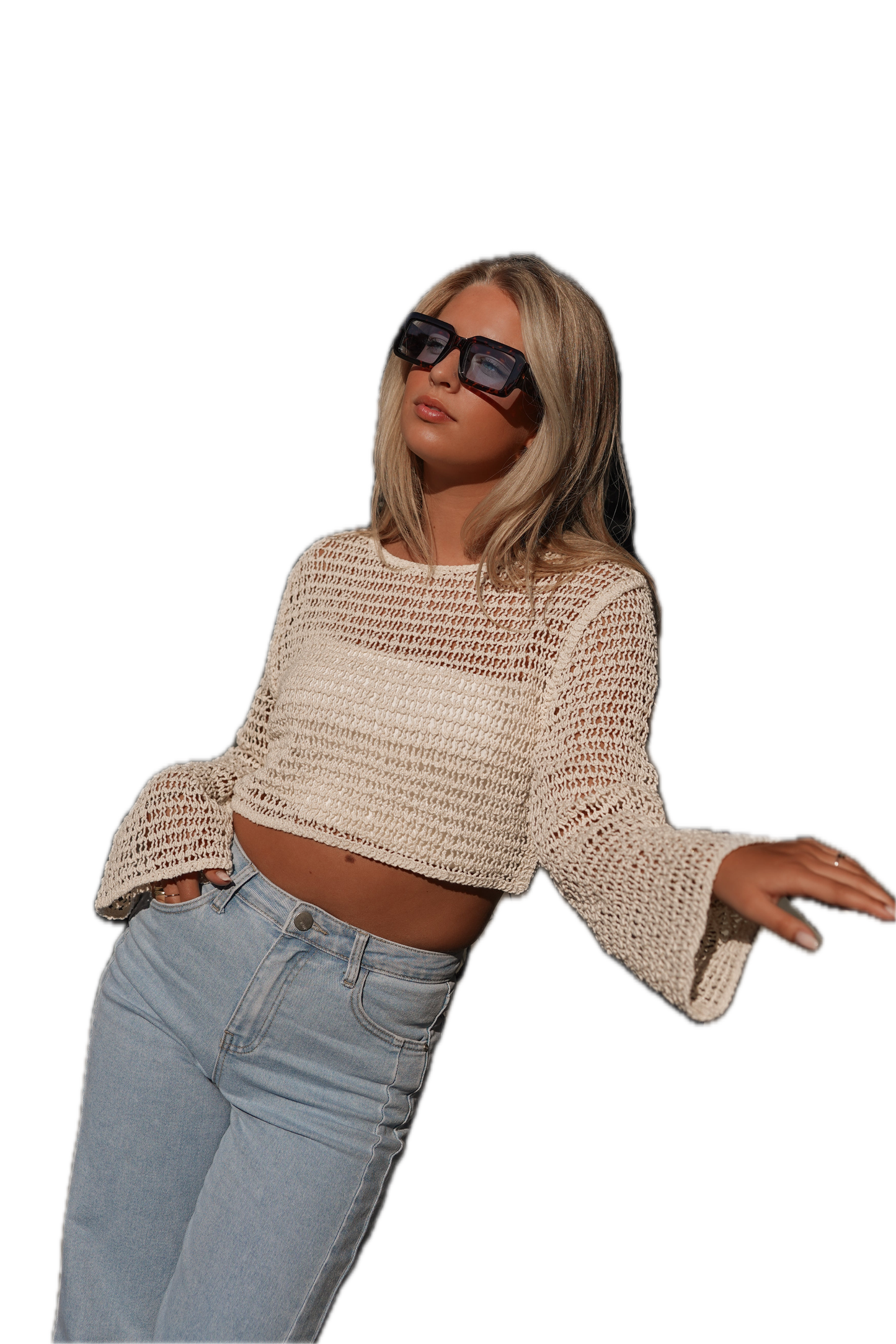 Xina | Top calado beige de manga larga y corte cropped