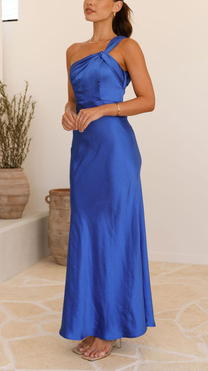 Vestido Cobalto | Maxi Satén Azul Real Un Hombro