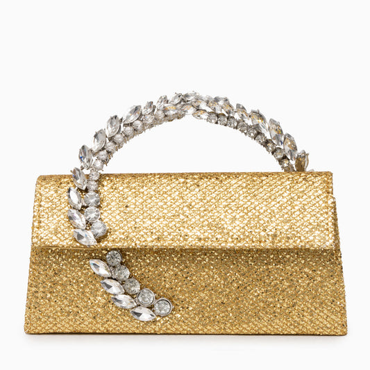 Bolso Estela | Clutch Dorado con Asa de Cristales