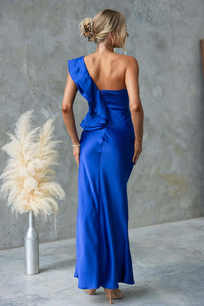 Vestido Janiyah | Maxi Satén Azul Eléctrico con Volantes