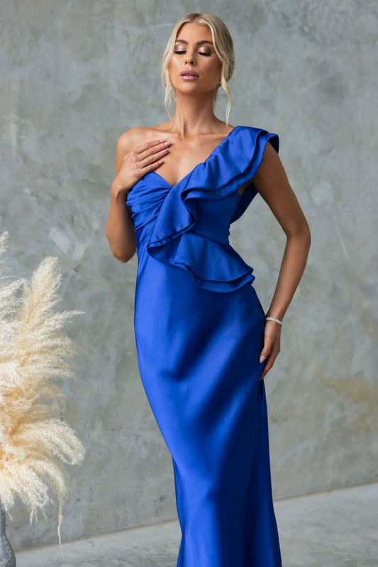 Vestido Janiyah | Maxi Satén Azul Eléctrico con Volantes