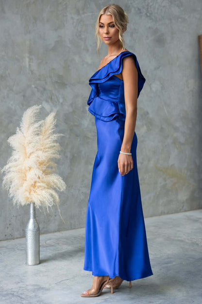 Vestido Janiyah | Maxi Satén Azul Eléctrico con Volantes