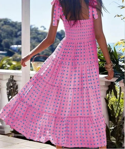 Lyra | Vestido fruncido con dobladillo de volantes rosa