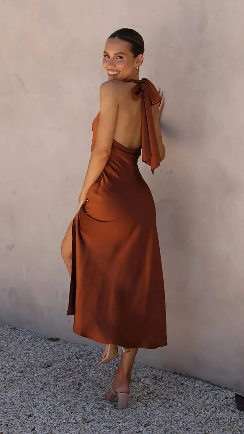 Aria | Vestido Midi Satén Escote Cascada