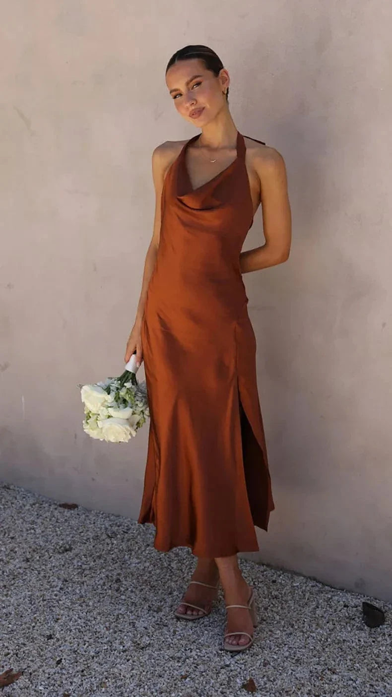 Aria | Vestido Midi Satén Escote Cascada