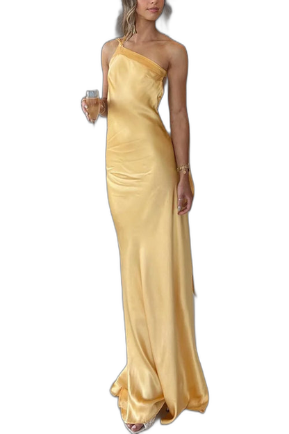 Aurora | Vestido largo asimétrico de satén con espalda abierta y nudo